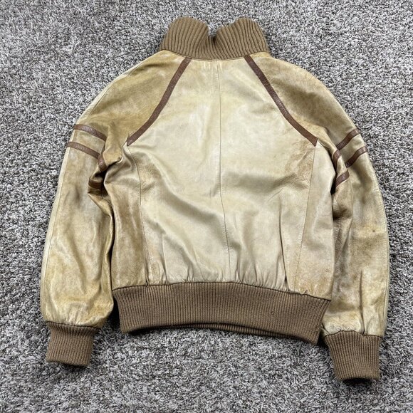 Vintage 70s Knit Sweater Mens Medium Lined Leather Pullover Jacket V Neck Italy - Picture 10 of 12